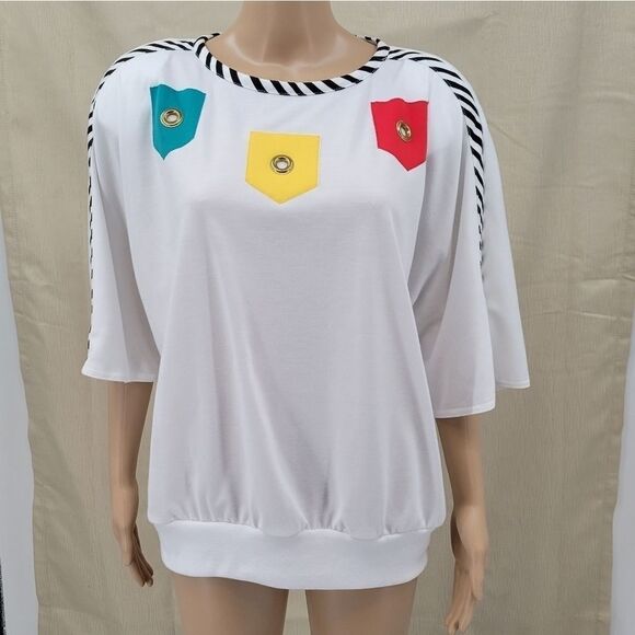 Robbie Sport Vintage Nautical 80s Blouse White  Short Sleeves Stripe Details - Picture 3 of 11